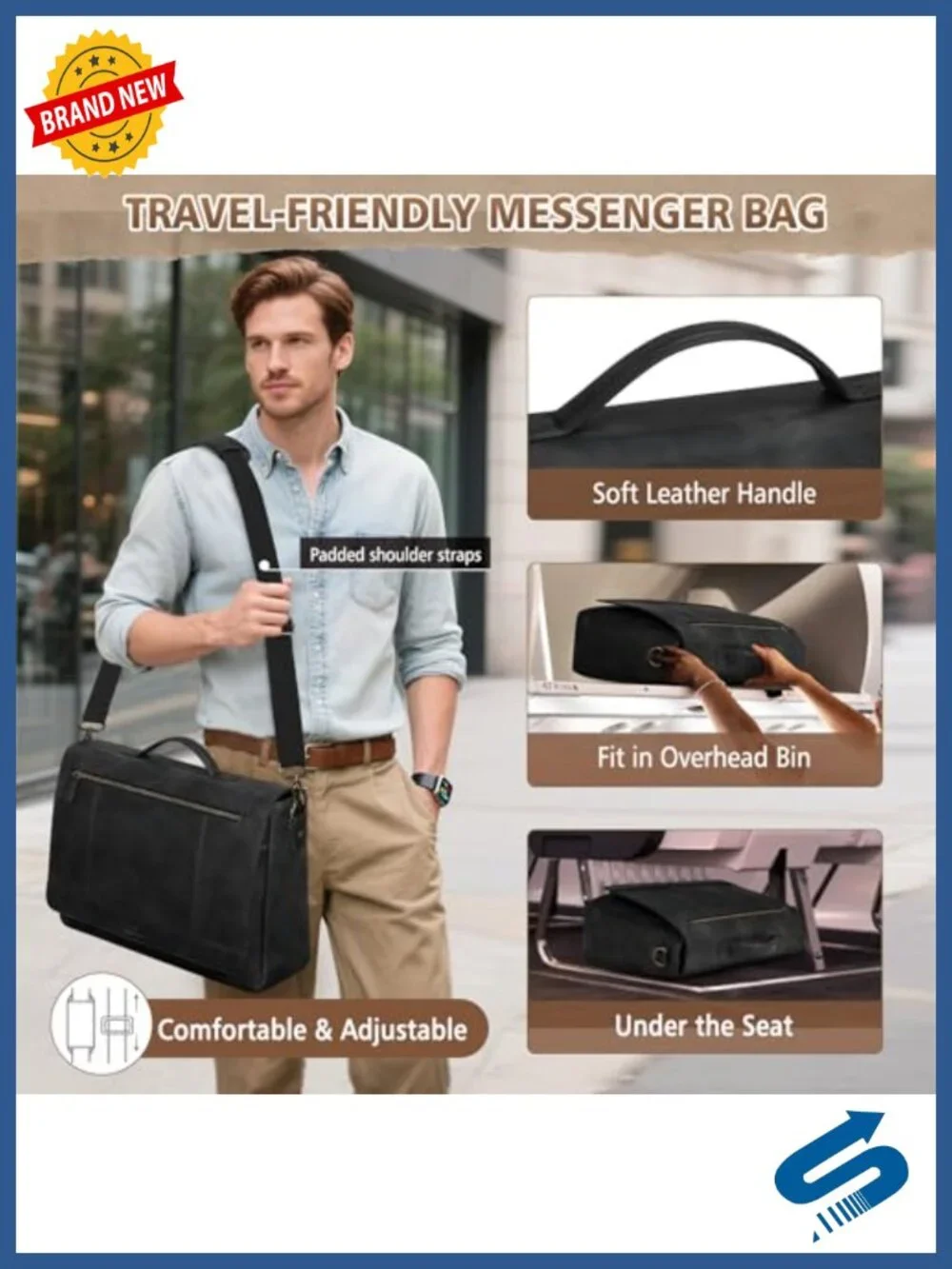 PU Leather Laptop Messenger Bag for 15.6 Inch Briefcase Vintage Satchel